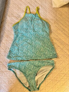 Helen Jon Teal Patterned Tankini Set with Lime Trim Size Medium